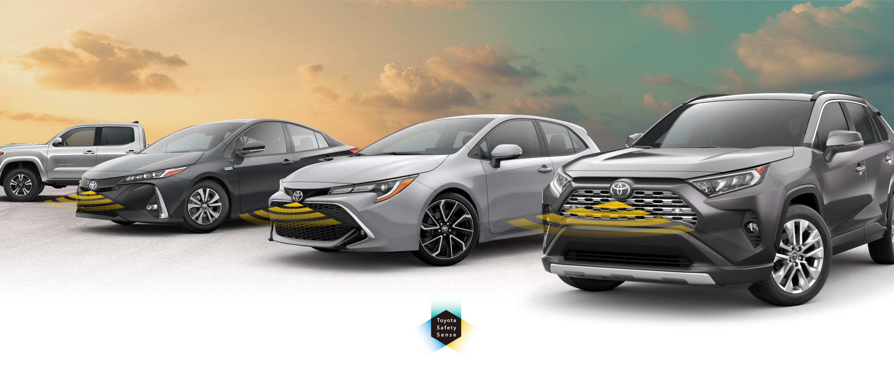 Toyota Safety Sense: Designed for Safety. Options shown on Toyota models including RAV4, Tacoma, and Camry, available now at Toyota of Vero Beach in Vero Beach FL.